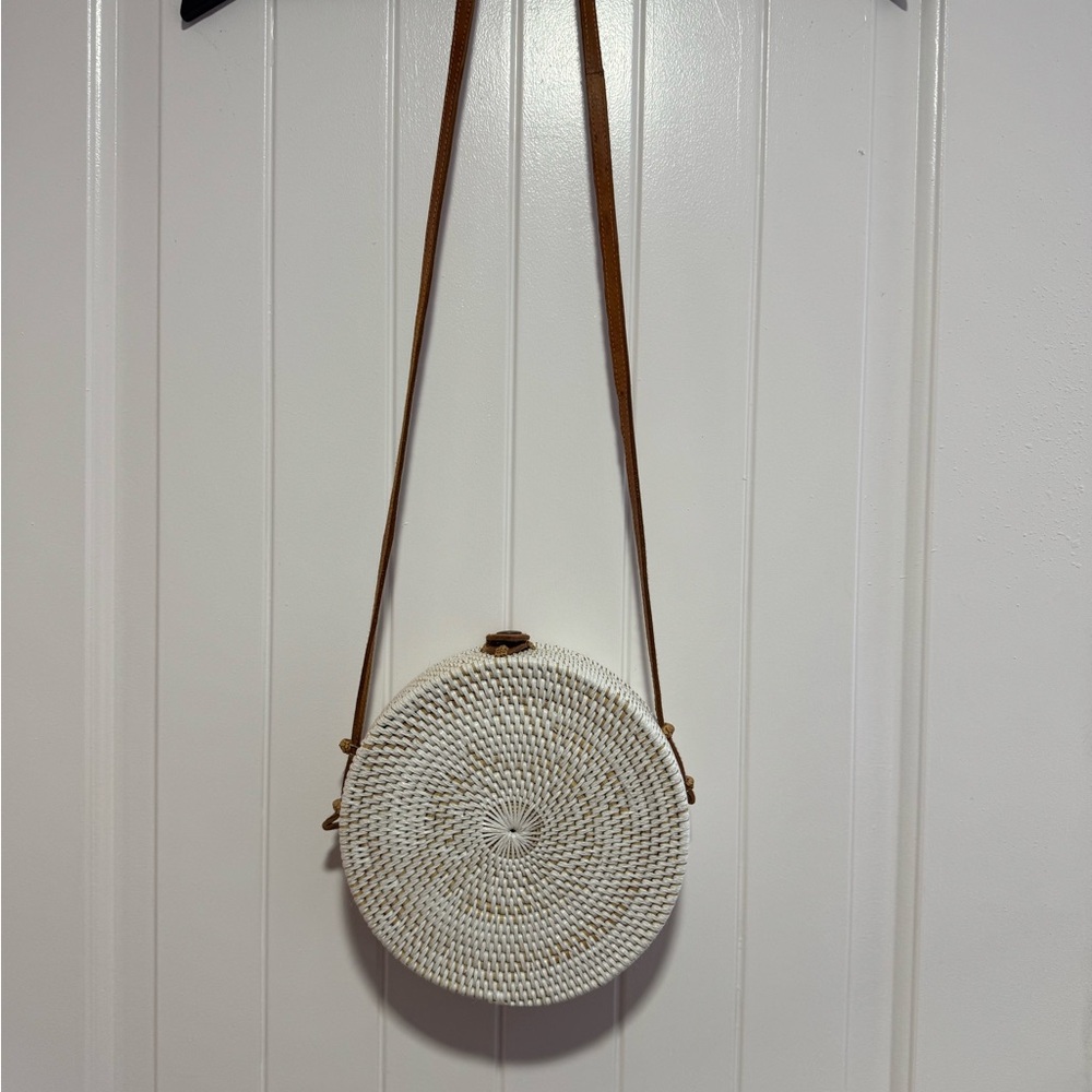 Round Woven Crossbody Bag with Brown Strap